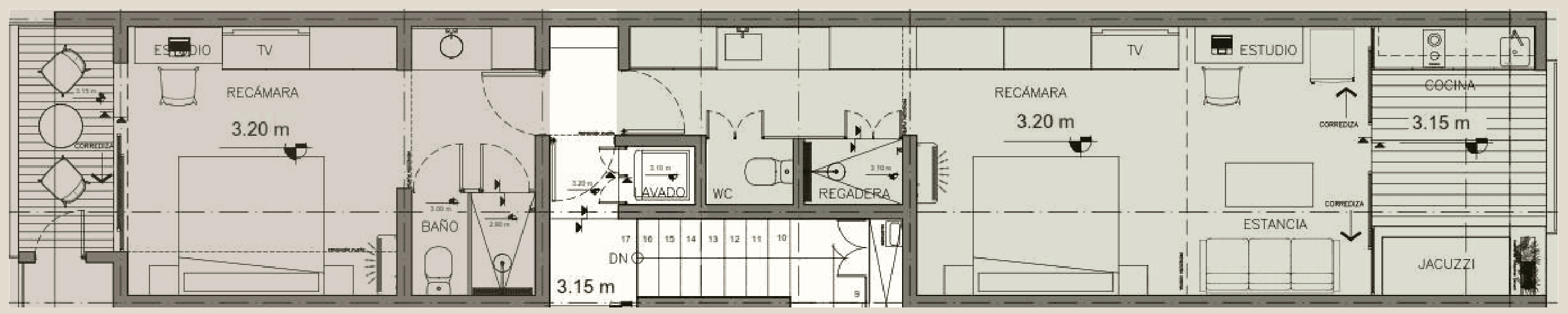 Plano de la suite de Ahjal: estudio, acceso y lavado, y suite principal con cocina y tina en la terraza