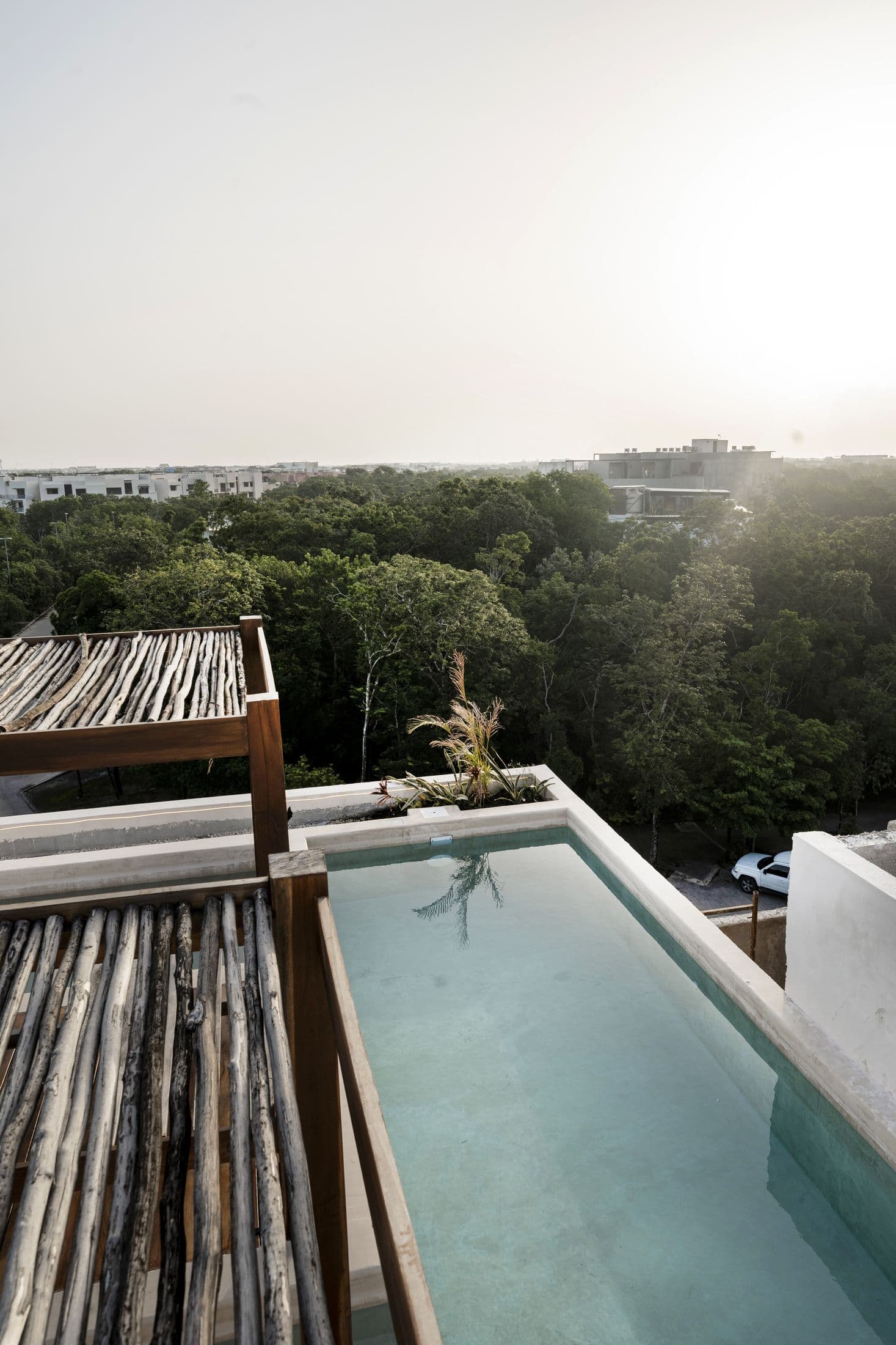 Alberca del rooftop de Ahjal sobre la selva de Tulum al atardecer